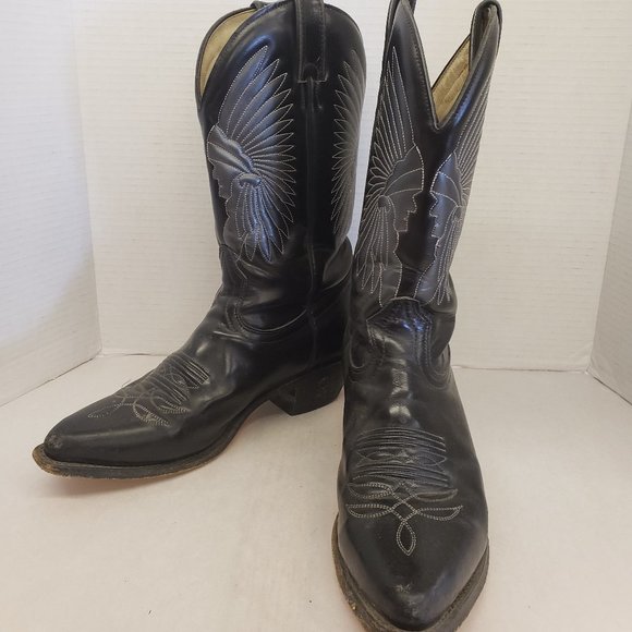 Boulet Shoes Mens Vintage Black Boulet Western Cowboy Boots Indian